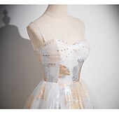 cheap Prom Dresses-Floral Gold Ball Gown A-Line Prom Dresses Vintage Dress Formal Masquerade Floor Length Sleeveless Spaghetti Strap Tulle with Glitter Wedding Guest Dress