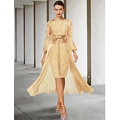 voordelige Jurkensets voor mama-Twee Delige Sheath Moeder van de Bruid Jurk Formele Bruiloft Gast Elegante Feest Off Shoulder Knie Lengte Chiffon Kant Imiteerde Zijde 3/4 Lengte Mouw met Strik(ken) 2025 gratis op maat