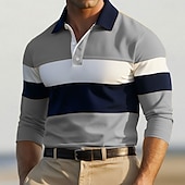 preiswerte Sportpolo für Herren-Herren Farbblock Rugby-Poloshirts Langarm Polo-Shirts Gerippter Polokragen Mode 3D-Druck Bequem Formell Arbeit Lässig Knöpfe Herbst Winter Wein Gelb Grau