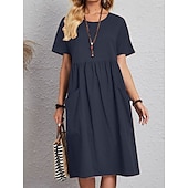 economico abiti stampati in cotone e lino-Per donna Abito Midi Abito Lungo Maxi Abito Abiti in cotone e lino Elegante Essenziale Casual Vacanza Feste Lavoro Vestibilità regolare Semplice Manica Corta Girocollo Rosa Marrone chiaro Cachi Blu
