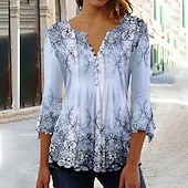 tanie koszulka w kwiaty-T-shirt damski podstawowy kwiatowy guziki nadruk rękaw 3/4 regularne topy okrągły dekolt casual wakacyjny różowa niebieska fioletowa zielona