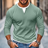 preiswerte Baumwoll-Leinen T-Shirts-Herren Hemd V-Ausschnitt T-Shirt Langarmshirt Langarm V Ausschnitt Frühling &amp; Herbst Einfarbig Patchwork Täglich Lässig Streetstyle Falscher Zweiteiler Outdoor Straße Lässig Dunkelgrau Hellgrün Kaffee