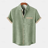 abordables Classique-Homme Chemise Chemise Lin Chemise de plage Plaid Intérieur Vacances Bleu Vert Kaki Manche Courte Col rabattu Eté Vêtement Tenue