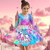 billiga Enhörningsklänning i 3D-Flickor 3D Grafisk Enhörnings Klänning Långärmad Sommar Vår Semester Dagligen Helgdag Prinsessa Skön Ljuv Barn 4-12 år Vardagsklänning A linjeklänning Knälång Normal