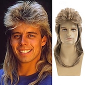preiswerte Historische Perücken-lange glatte Vokuhila-Perücke 70er-80er-Kostüme ausgefallene Party-Cosplay-Haarperücke, aschblond für Karneval