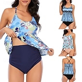 abordables Maillots une pièce et tankinis-Femme Tankini Maillot De Bain Deux Pièces Dos Nu Maillots de Bain Floral Maillots de Bain Bleu Ciel Noir Respirable Séchage rapide Poids Léger Sans Manches - Natation Surf Plage Eté Printemps