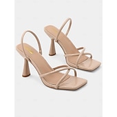 abordables Bal de promo-sandales à talons beiges à lanières et bout carré – talons hauts minimalistes pour femmes pour l&#039;été et les occasions formelles de bal