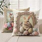 cheap Holiday Cushion Cover-Easter Decorative Toss Pillows Cover 1PC Bunny Eggs Soft Square Couch Cushion Case Pillowcase for Bedroom Livingroom Sofa Chair