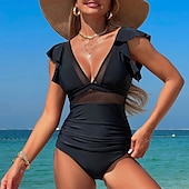 billiga One Pieces &amp; Tankinis-Dam Baddräkt Volang Djup V-hals Badkläder Solid färg Badkläder Svart Rodnande Rosa Andningsfunktion Snabb tork Lättvikt Ärmlös - Simmning Surfing Strand Sommar Vår