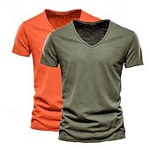 cheap Cotton Linen T-shirts-Men&#039;s T Shirt Tee Top Short Sleeves V Neck Summer Plain Fashion Designer Basic Vacation Street Going out White+Black White and Blue Orange / Green Top Tee for Men
