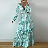 preiswerte Lässige Blumenkleider-Damen kleid lang Casual kleid A Linie Kleid Sommerkleid Boho-Kleid Elegant Stilvoll Urlaub Täglich Verabredung Regular Fit Blumen Langarm V Ausschnitt Gelb Blau Purpur Grün Sommer Frühling