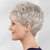 preiswerte ältere Perücke-Synthetische Perücken Locken Pixie-Schnitt Maschinell gefertigt Perücke Kurz A1 Synthetische Haare Damen Weich Modisch Einfach zu tragen Silber