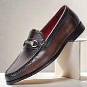 cheap Semi-Formal-Men&#039;s Perforated Brown Leather Loafers – Premium Cowhide, Metal Buckle Decoration, Breathable Business Casual Shoes for Office and Formal Events