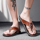 abordables Sandalias de vestir-Chanclas vintage de piel sintética marrón para hombre: sandalias de verano con punta abierta hechas a mano con suela antideslizante para playa, viajes y uso informal