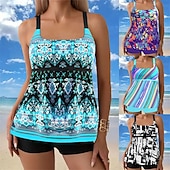 billiga Surfing Tankinis och Bikinis-Dam Tankini Tvådelad baddräkt Badkläder Blommig Badkläder Svart Blå Andningsfunktion Snabb tork Lättvikt Ärmlös - Simmning Surfing Strand Sommar Vår Plusstorlekar