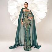 preiswerte GRÜN-Meerjungfrau  Trompete Abendkleid Elegantes Kleid Karneval Abendparty Bodendeckend Ärmellos mit Chiffon Umhang Herz-Ausschnitt mit Glitzer