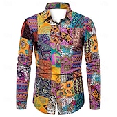 preiswerte Pflanzen Muster-Herren Geometrisch Hemd Boho-Hemd Knopfhemd Langarm Designer Boho Party Kragen Hemdkragen Druck Schwarz Rosa Purpur Grün