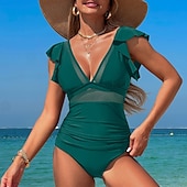 billiga One Pieces &amp; Tankinis-Dam Baddräkt Volang Djup V-hals Badkläder Solid färg Badkläder Svart Rodnande Rosa Andningsfunktion Snabb tork Lättvikt Ärmlös - Simmning Surfing Strand Sommar Vår