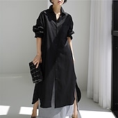 preiswerte Kleider-Damen Langes Kleid Maxikleid Leinen-inspirierte Kleider Hemdblusenkleid Freizeitkleid Baumwoll-Leinenkleid Stilvoll Lässig Urlaub Täglich Date Normale Passform Einfach Langarm Revers Schwarz