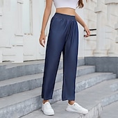 economico Pantaloni a gamba dritta-Per donna Jeans Pantaloni di lino Pantaloni Leggero Informale Lunghezza intera A vita medio-alta Liscio Tasche Traspirabilità Comodo Anelastico Interni Casual / quotidiano Blu cielo chiaro Blu marina
