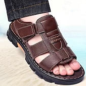 billiga Avslappnade sandaler-bruna sandaler i konstläder för män - justerbara remmar, halkfri sula och andningsbar design för utomhus- och fritidskläder på sommaren