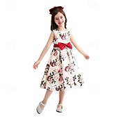 preiswerte Partykleider-kinderkleidung Mädchen Party Kleid Blumen Ärmellos Leistung Geburtstag Krawattenknoten Schön Süß Baumwolle Knielang abendkleider Schaukelkleid A Linie Kleid Sommer 4 Jahre + Rosa Rote Rosenrot