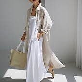 preiswerte Kleider-Damen Langes Kleid Maxikleid Leinen-inspirierte Kleider Hemdblusenkleid Freizeitkleid Baumwoll-Leinenkleid Stilvoll Lässig Urlaub Täglich Date Normale Passform Einfach Langarm Revers Schwarz