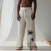 billiga Hem-Herr Kokosnötsträd Tropiska växter Linne Byxor Långbyxor Säckiga byxor Medium Midja Hawaiisk Ledigt Semester Streetwear Standkläder Snörning Elastisk midja Brett skaft Grafiskt tryck Beige