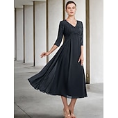economico Lunghezza del pavimento-Abito per la madre della sposa A-Line invitata a un matrimonio elegante taglie forti scollo a V lunghezza tè in chiffon pizzo manica 3/4 con ruches applicazioni 2025 taglia personalizzata gratuita