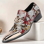 baratos Sapatos Sociais Elementares-mocassins masculinos de couro com estampa floral – sapatos sociais slip-on de couro bovino premium com corrente de metal e biqueira brilhante para festas e ocasiões formais