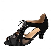 baratos Sapatos de Dança Latina-sapatos de dança de malha preta com cadarço femininos, salto baixo e sola de camurça – design elegante e aberto para apresentações de salão, latinas e festas