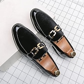 levne Poloformální-pánské luxusní červené sametové a černé lakované mokasíny – stylové slip-on společenské boty s kovovou přezkou na svatby a formální události