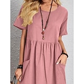 economico abiti stampati in cotone e lino-Per donna Abito Midi Abito Lungo Maxi Abito Abiti in cotone e lino Elegante Essenziale Casual Vacanza Feste Lavoro Vestibilità regolare Semplice Manica Corta Girocollo Rosa Marrone chiaro Cachi Blu