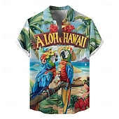 cheap Birds &amp; Animals-Men&#039;s Bird Parrot Floral&amp;Plants Summer Hawaiian Shirt Aloha Shirt Short Sleeve Hawaiian Resort Vacation Holiday Beach Wear Summer Spring Turndown Button Up Blue