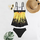 abordables Maillots une pièce et tankinis-Femme Tankini Maillot De Bain Deux Pièces Col en V Maillots de Bain Maillots de Bain Jaune Bleu Roi Respirable Séchage rapide Poids Léger Sans Manches - Natation Surf Plage Eté Printemps Grande Taille