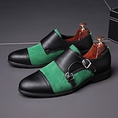 cheap Formal-Men&#039;s Green and Black Suede Double Monk Strap Shoes – Stylish Faux Leather Formal Dress Shoes for Weddings and Business Occasions