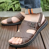 preiswerte Lässige Sandalen-Braune Sandalen aus Kunstleder für Herren – offene Zehenpartie mit überkreuzten Riemen und verstellbarem Riemen an der Rückseite für bequemen, lässigen Sommerlook