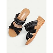 tanie Sandały damskie-eleganckie sandały damskie typu slip-on z błyszczącymi paskami – wygodne sandały na grubym obcasie na imprezy, wesela i specjalne okazje