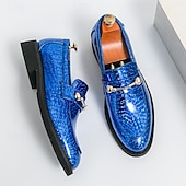 economico Semi-formale-mocassini da uomo in similpelle blu metallizzata con catena dorata decorativa – scarpe slip-on alla moda per occasioni formali e da festa