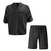 cheap Men&#039;s Tee Sets-Men&#039;s Linen Set Shorts and T Shirt Set 2 Pieces Outfits Short Sleeve Hooded Summer Solid Color Beach Wear Casual 2 Piece Front Pocket Vacation Casual Black Pink White Top Tee for Men