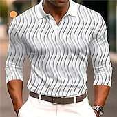 billiga Geometrisk pikétröja för män-Herr Geometrisk Pikétröjor Golftröja Långärmad Polotröjor Skjortor med krage Business Casual Arbetskläder Högtidskläder Festivalkläder Knappar 3D-utskrift Höst vinter Svart Vit