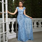preiswerte BLAU-Trompete / Meerjungfrau Abendkleider Glänzend Kleid Formal Hochzeit Boden-Länge Ärmellos V Ausschnitt Chiffon mit Glitzer Schulterblume 2025