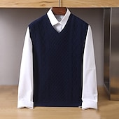 preiswerte Herren Elite Pullover &amp; Cardigans-Herren Pullunder Zopfmuster Stricken V-Ausschnitt Einfarbig V Ausschnitt Strickware Elegant Schule Formell Bekleidung Frühling Herbst Marineblau Hellgrau S M L