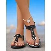 billige Uformelle sandaler-brune, flate sandaler i imitert skinn for kvinner med gullaksent og t-stroppdesign – behagelig og stilig for strand-, ferie- og fritidsklær