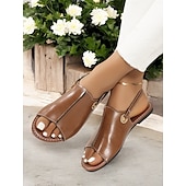 billiga Avslappnade sandaler-bruna sandaler i konstläder med öppen tå för kvinnor – lediga slingback-lägenheter med strassspänne för sommar och vardagsbruk