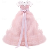 baratos Vestidos floridos-Vestido para Meninas das Flores Crianças Para Meninas Vestido de princesa Espetáculo Casamento Festa Elegante Lindo Com Transparência Côr Sólida Sem Manga Ombro a Ombro Branco Rosa 4 anos +