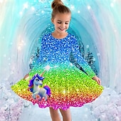 billiga Enhörningsklänning i 3D-Flickor 3D Grafisk Enhörnings Klänning Långärmad Sommar Vår Semester Dagligen Helgdag Prinsessa Skön Ljuv Barn 4-12 år Vardagsklänning A linjeklänning Knälång Normal