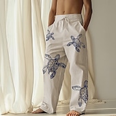 preiswerte Heim-Herren Schildkröte Meeresbewohner Leinenhosen Hose Baggy-Hosen Mittlere Taille Hawaiianisch Lässig Urlaub Streetwear Strandbekleidung Kordelzug Elastischer Bund Weites Bein Grafikdruck Beige
