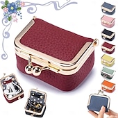 cheap Jewelry &amp; Cosmetic Storage-Genuine Leather Mini Jewelry Box, Portable Vintage-inspired Genuine Leather Coin Purse Jewelry Case with Kiss Lock, Mini Travel Ring Box for Women for Earring/Ring/Necklace/Bracelet