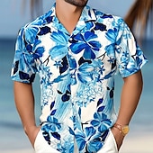 halpa Kukkakuosi-Miesten Kukat Havaiji paita Button Up paita Havaijilaispaita Lyhythihainen Havaijilainen Lomakeskus Loma Pyhäpäivä Ranta-asut Kesä Kevät Sänkyjen avaus 3D-tulostus kauluspaidat Sininen